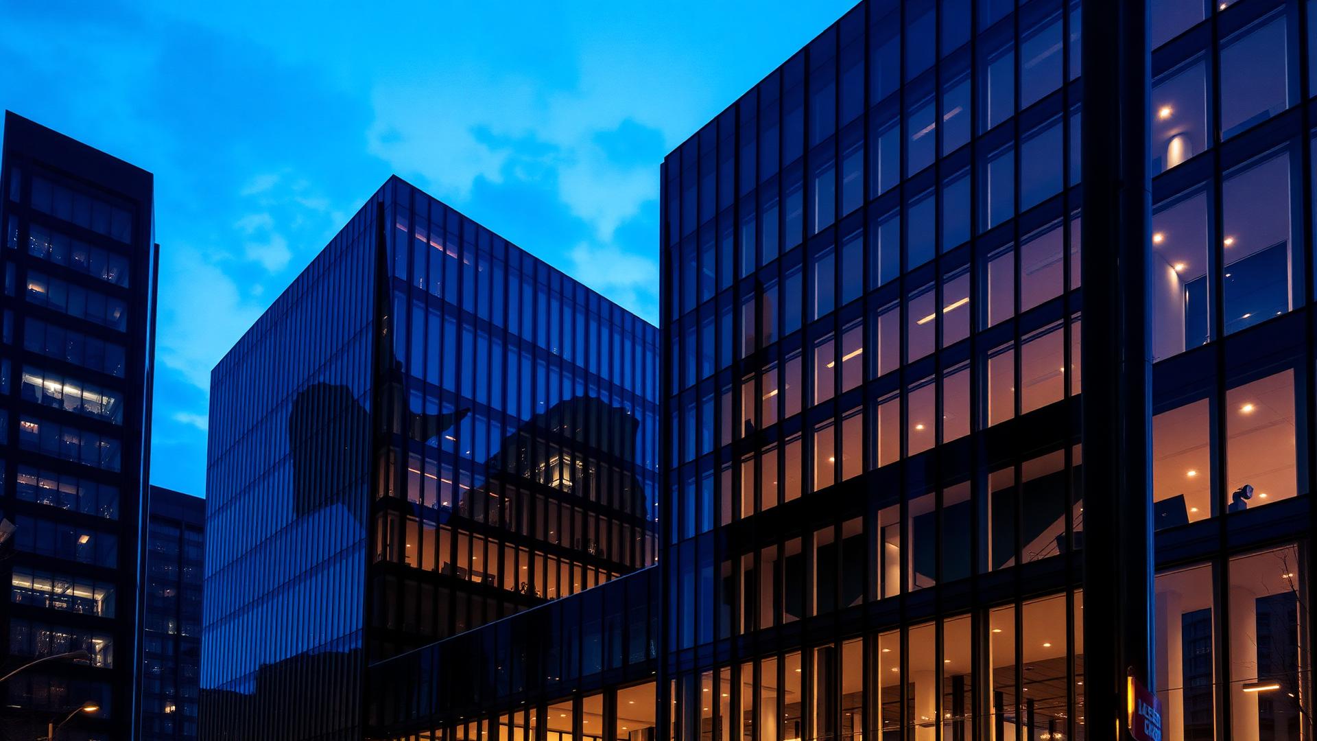 Modern commercial buildings at twilight