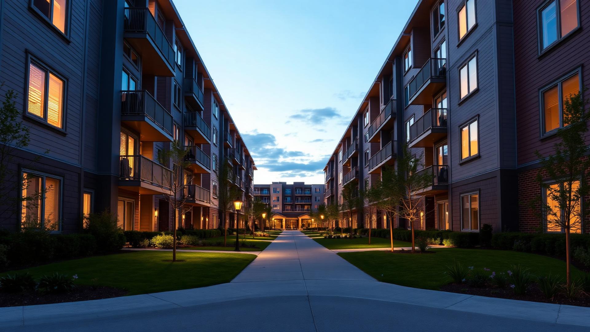 Modern multifamily residential community at dusk